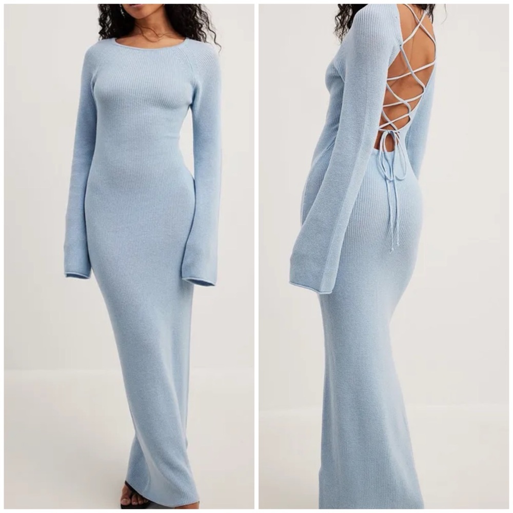 Open Back Lace Detail Knitted Maxi Dress Light Blue Size Small